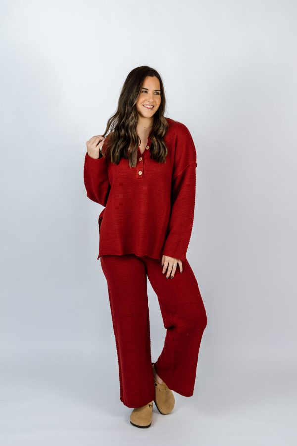 Hudson Henley Knit Sweater & Bottom Set | Wine Hot on Sale