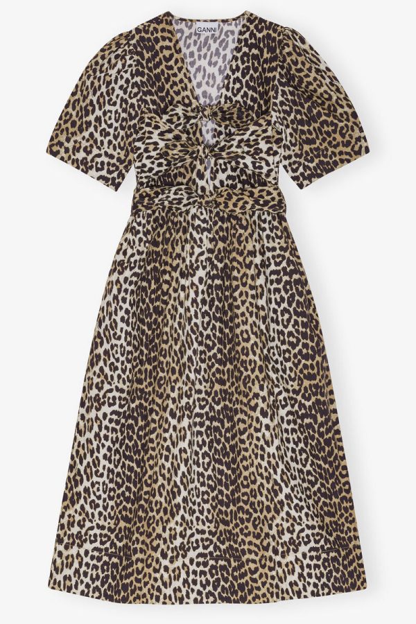 Leopard Printed Cotton Tie Strap Midi Dress Fashion