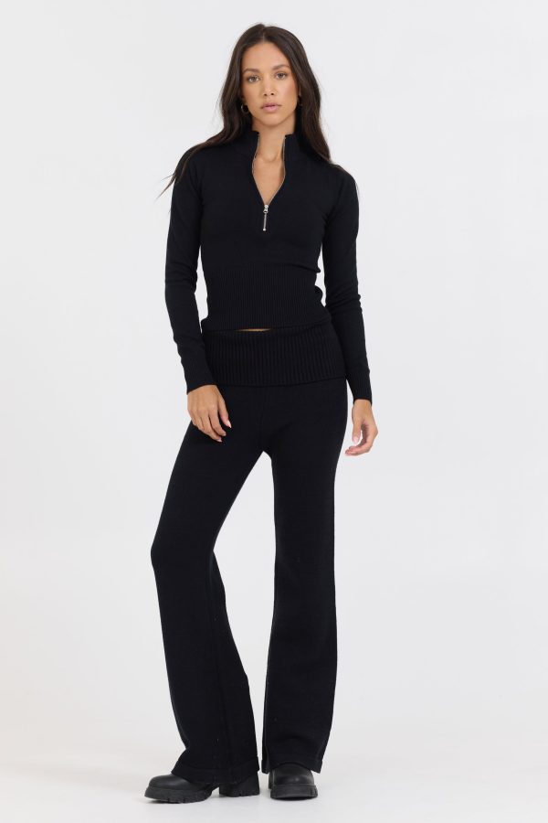 Black Slim Fit Knit Fold Over Flare Pant Discount