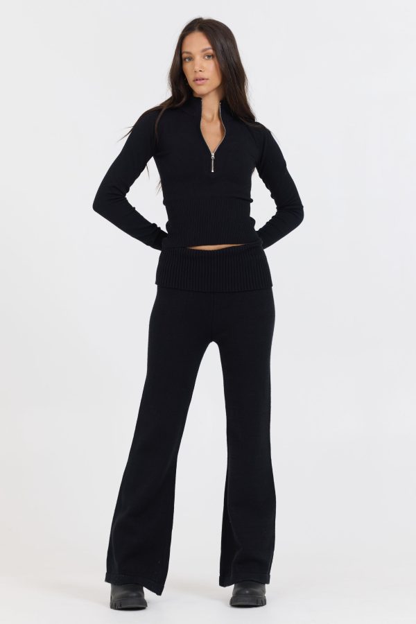 Black Slim Fit Knit Fold Over Flare Pant Discount